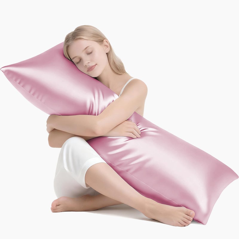MR&HM Satin Body Pillow Cover, Soft and Breathable Body Pillow Case with Envelope Closure, Cooling and Silky Long Pillowcase for Hair and Skin,Grey (20x54, Pink) - Image 1
